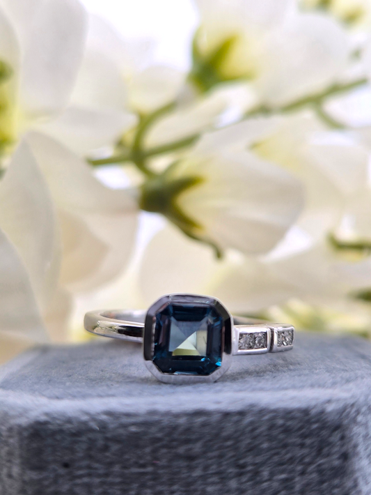 Marci | 10K White Gold | London Blue Topaz & Natural Diamond | Ring