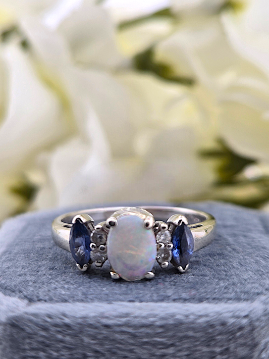 Avalina | 14k White Gold | Opal, Tanzanite, & Natural Diamond | Ring