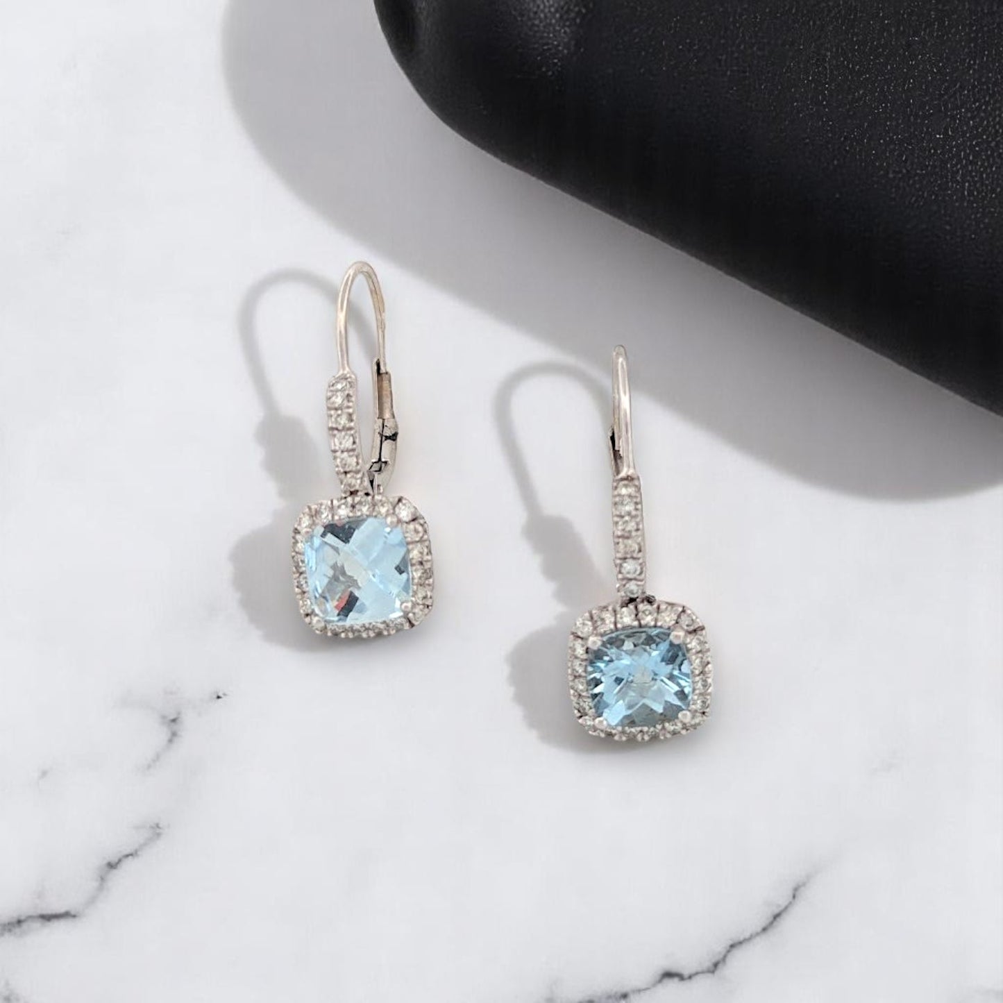 Theophania Aquamarine Earrings, 10K White Gold Leverbacks with 1.50ct Checkerboard Cut Natural Aquamarines & Natural Round Diamonds