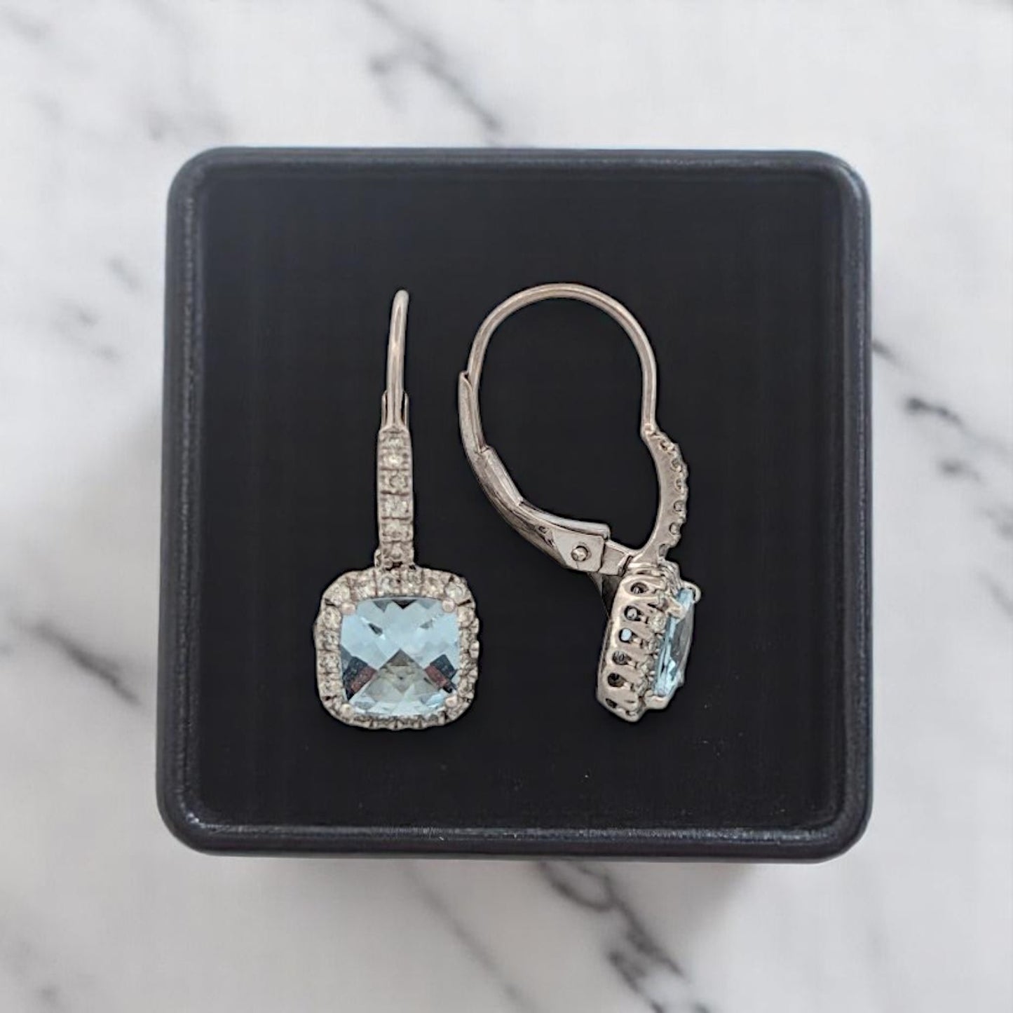 Theophania Aquamarine Earrings, 10K White Gold Leverbacks with 1.50ct Checkerboard Cut Natural Aquamarines & Natural Round Diamonds