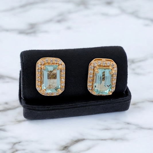 14k Yellow Gold Post Earrings with 1.10 ct Emerald-Cut Aquamarines & .14 ctw Natural Diamonds