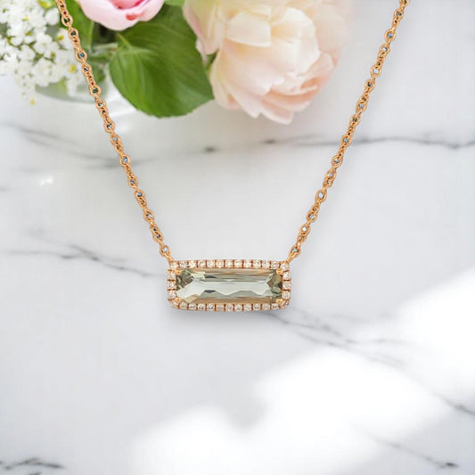 Arianwen Mint Green Amethyst Necklace, 18K Yellow Gold with 1.16ct Amethyst & 0.13ctw Natural Diamonds, 16"-18" Adjustable Rolo Chain