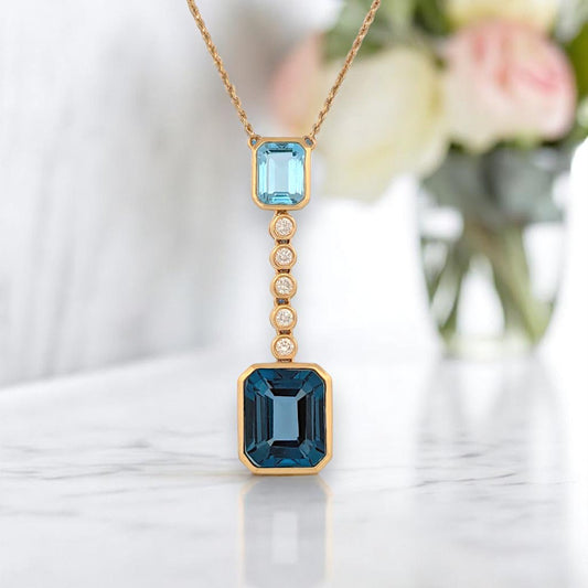 Esmeralda Topaz Necklace, 18K Yellow Gold with 2.05ct Blue Topaz, 7.10ctw London Blue Topaz & 0.20ctw Natural Diamonds, Adjustable 16"-18" Chain
