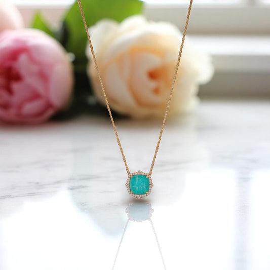 Ellis | 18k Yellow Gold Necklace – 4.88 ct Amazonite & .21 ctw Natural Diamonds (16"-18" Adjustable Chain)