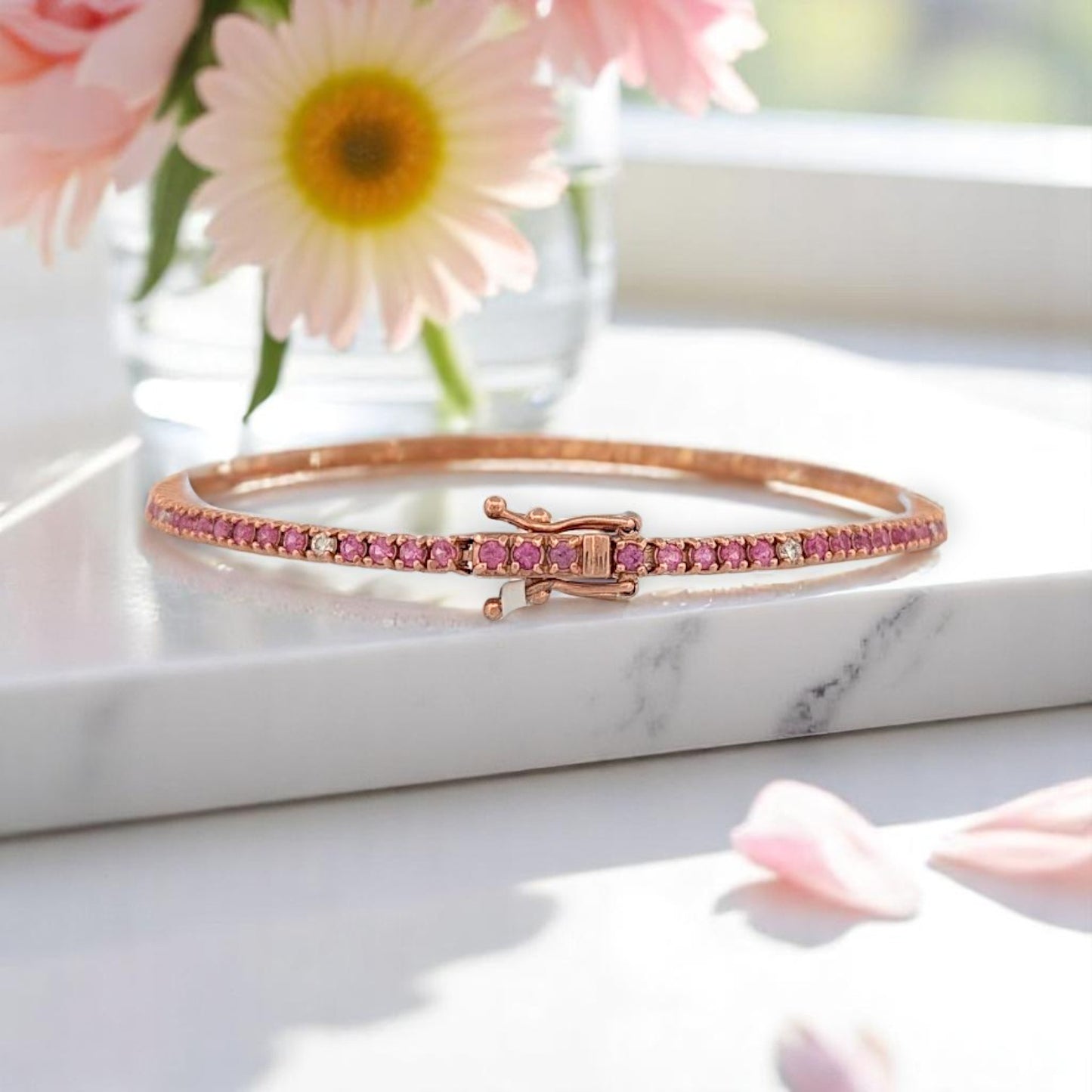 Jessamine Pink Sapphire Tennis Bracelet, 14K Rose Gold with 4.00ct Natural Pink Sapphires & 0.40ctw Natural Diamonds, Elegant 7" Fine Jewelry Gift