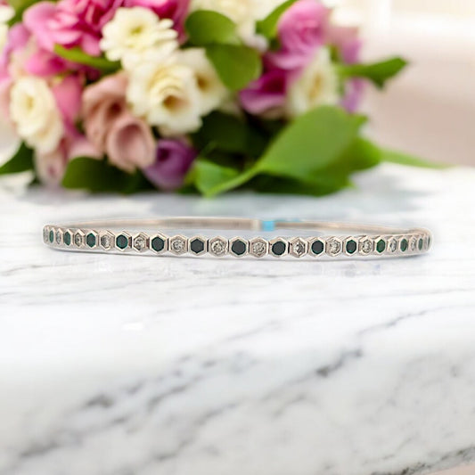 Ocean | 14K White Gold Flex Bracelet | .50 CT Natural Round Emeralds, .55 CTW Natural Diamonds | 6.5" Elegant Fine Jewelry