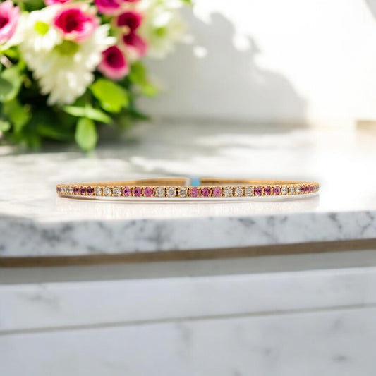 Magnolia | 14K Yellow Gold Flex Bracelet | .55 CTW Pink Sapphires, .50 CTW Natural Diamonds | Elegant Gemstone Jewelry