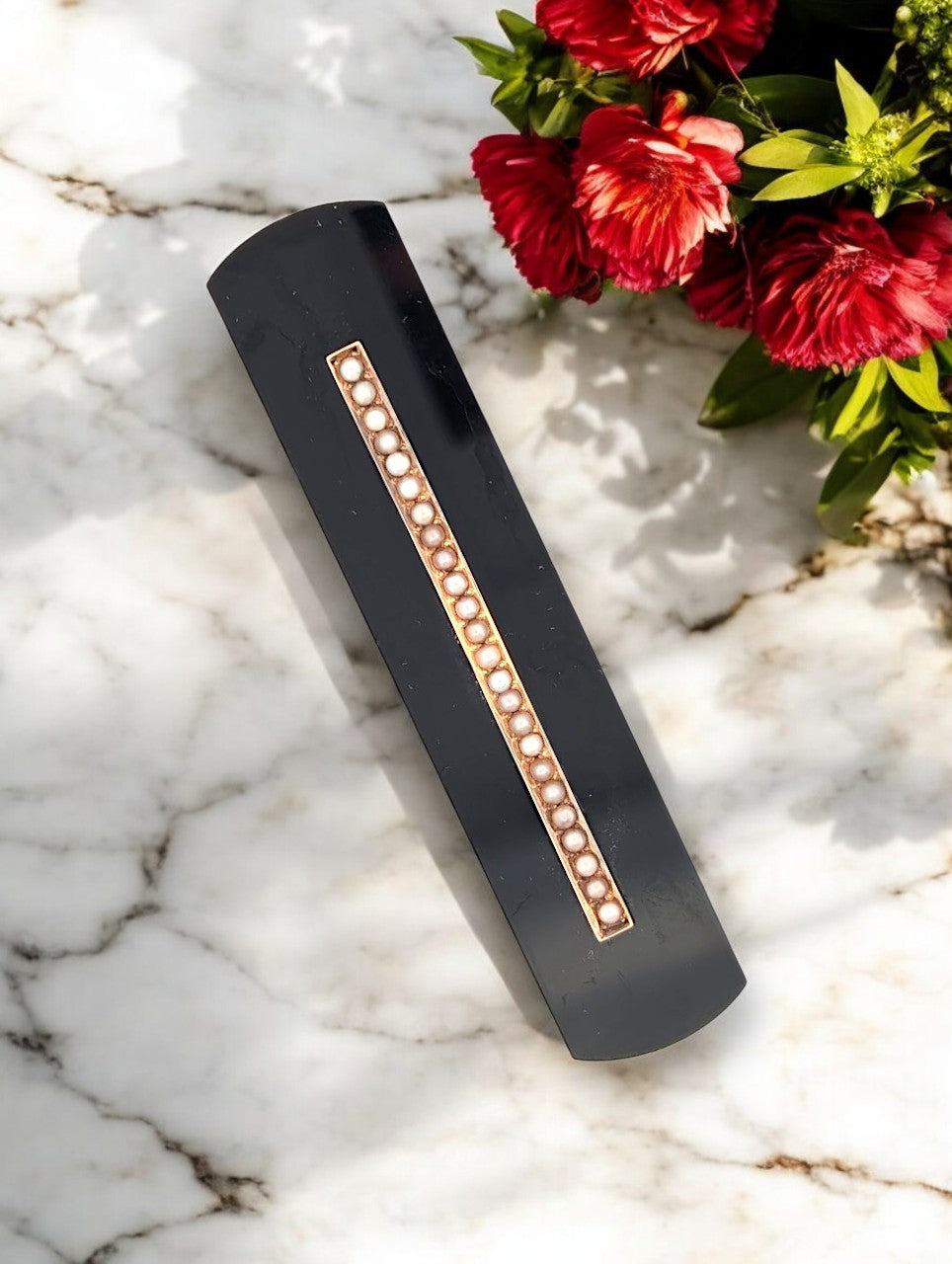 Madeline | Antique Victorian Mourning Pin With Seed Pearls | 2.75" Length | 19th Century Second Mourning Jewelry