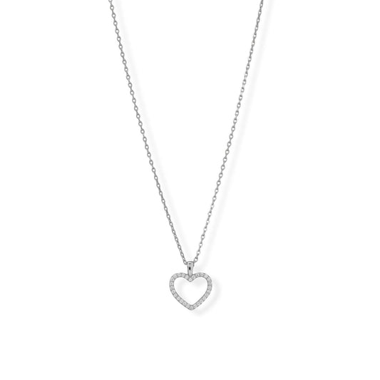 16" + 2" Rhodium Plated CZ Heart Necklace