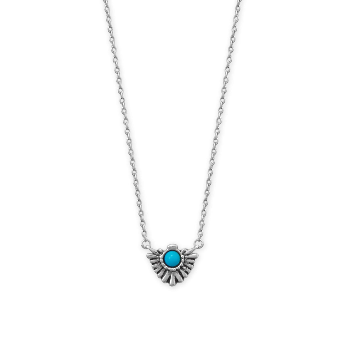 16 + 2 Rhodium Plated Oxidized Fan with Imitation Turquoise Necklace