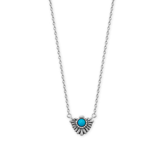 16 + 2 Rhodium Plated Oxidized Fan with Imitation Turquoise Necklace