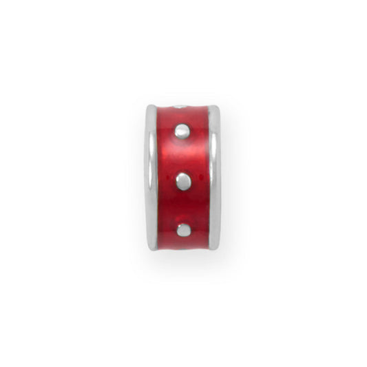 Rhodium Plated Red Enamel Inlay Dotted Wheel Bead Charm