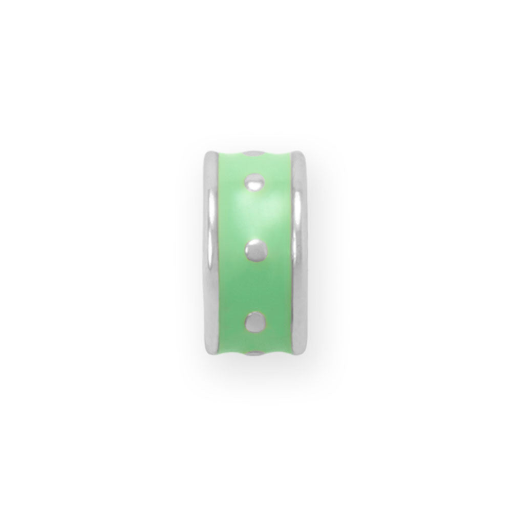 Rhodium Plated Green Enamel Inlay Dotted Wheel Bead Charm