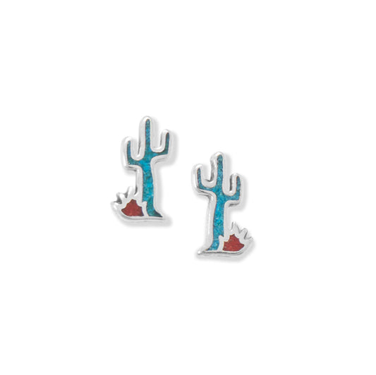Oxidized Turquoise and Coral Chip Saguaro Cactus Earrings