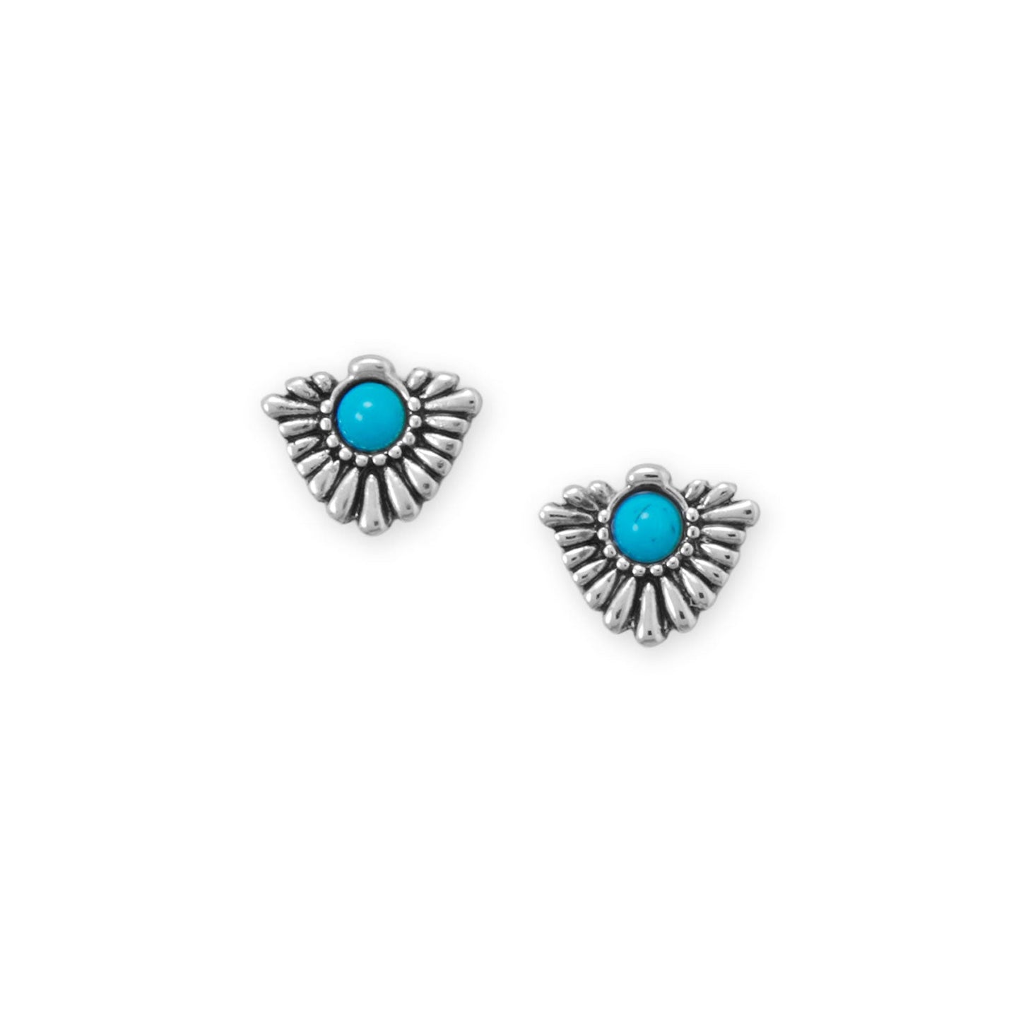 Rhodium Plated Oxidized Fan with Imitation Turquoise Stud Earrings