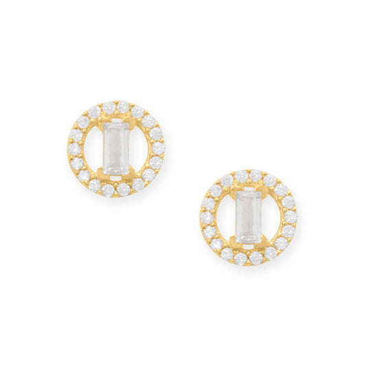 14 Karat Gold Plated Baguette and Halo CZ Stud Earrings