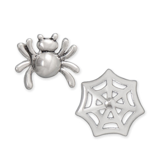 Oxidized Spider and Web Stud Earrings