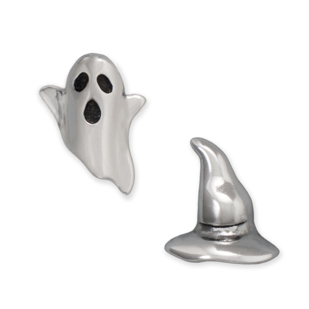 Oxidized Ghost and Witch Hat Stud Earrings