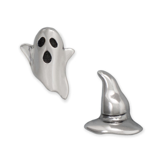 Oxidized Ghost and Witch Hat Stud Earrings