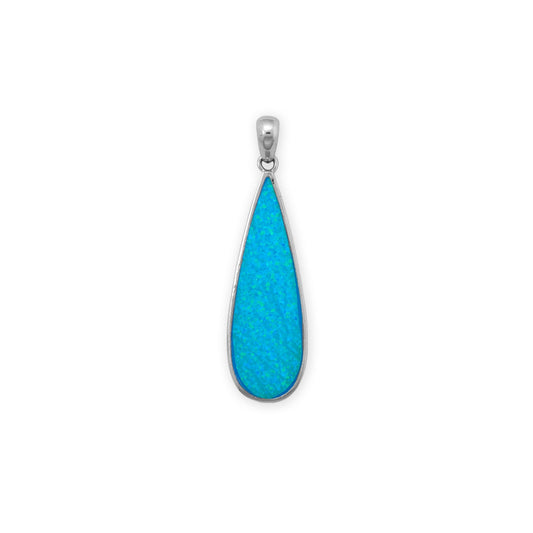 Rhodium Plated Synthetic Blue Opal Elongated Pear Pendant