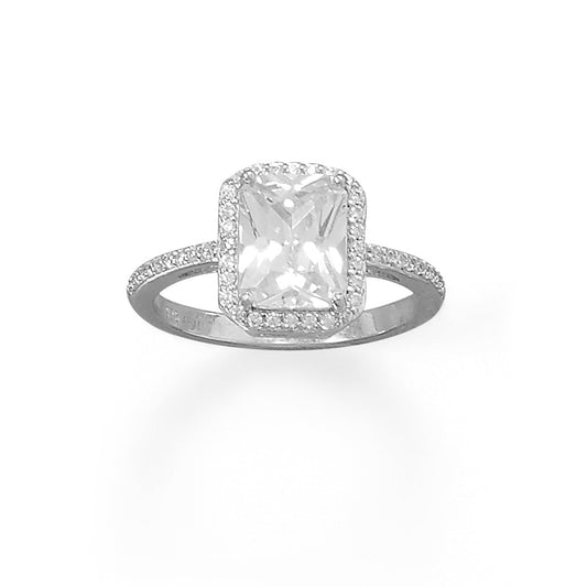 Rhodium Plated Solitaire Rectangle CZ Ring with Halo CZ Edge