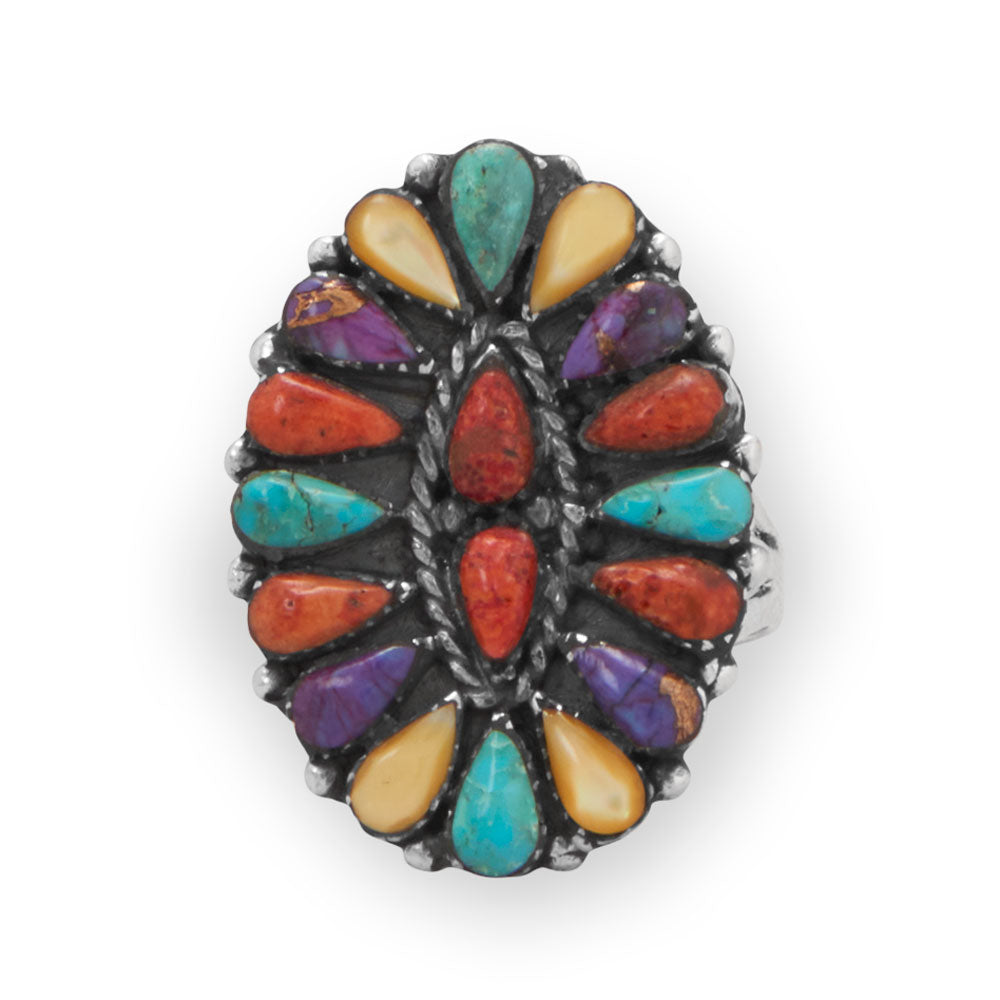 Oxidized Luminous Multi Stone Flower Ring