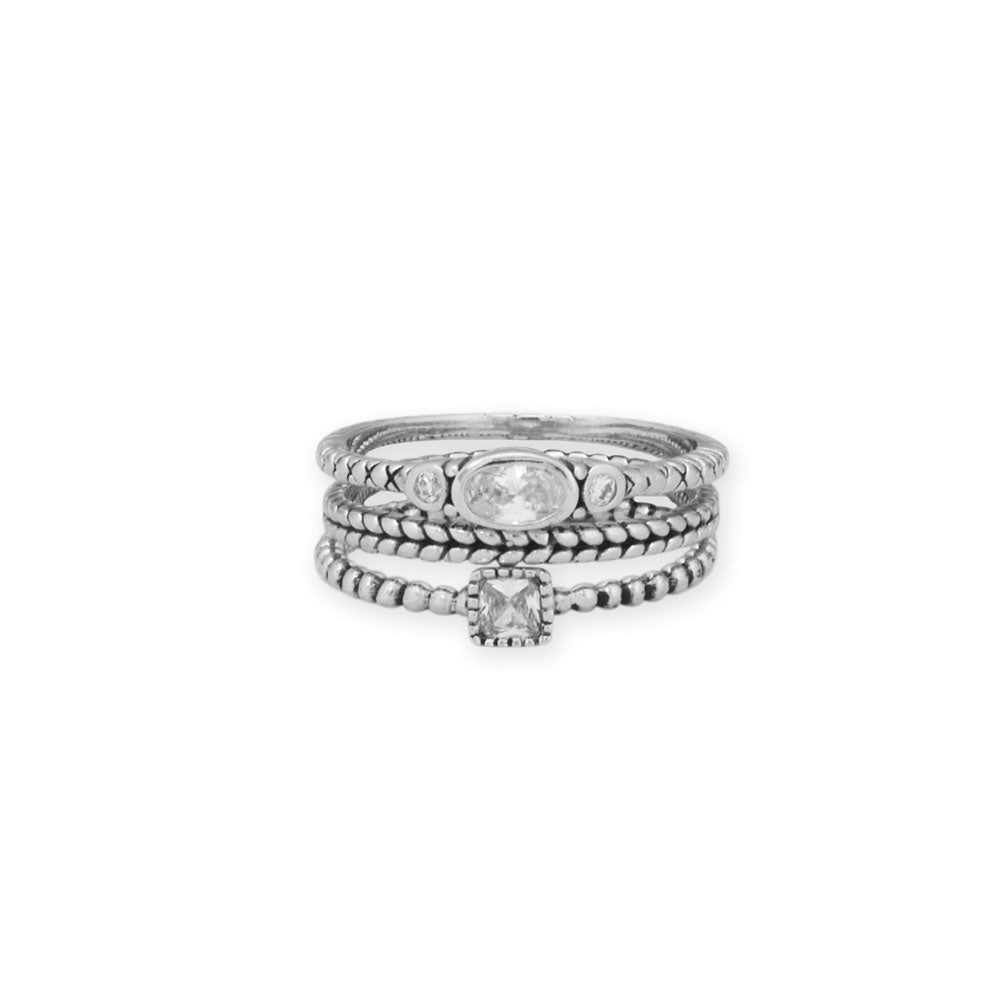 Rhodium Plated Oxidized Square CZ and Beaded Band Ring