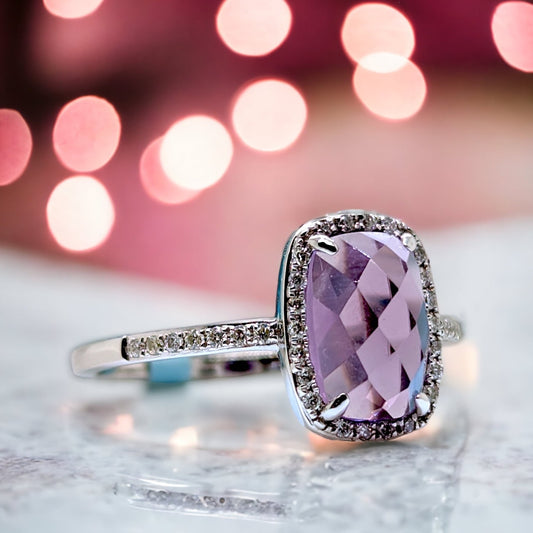 Amy  - 14k White Gold, Amethyst, and Diamond Ring