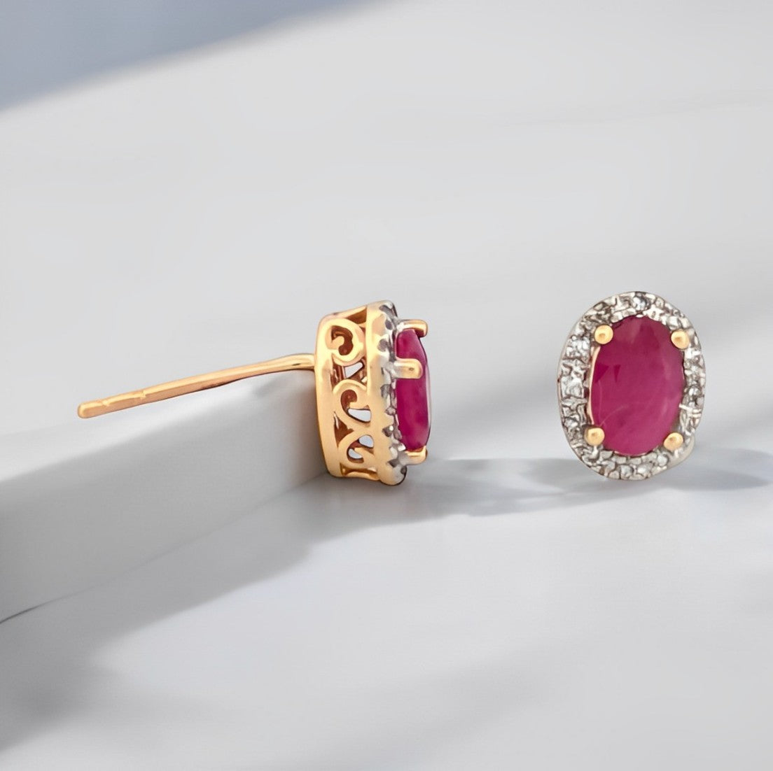 Bonnie | Ruby & Diamond Stud Earrings | 14k Yellow Gold Stud Earrings With 1 Carat Of Natural Rubies And .15 Ctw Of Diamonds