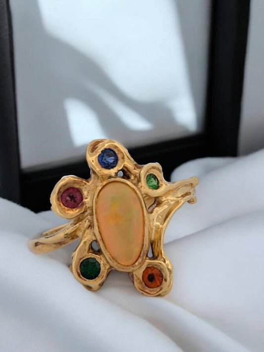 Andrea | Custom 18k Yellow Gold Ring by Jeweler Barb Evans, Ethiopian Opal Center with Sapphire Halo, Unique Gemstone Ring, Size 7