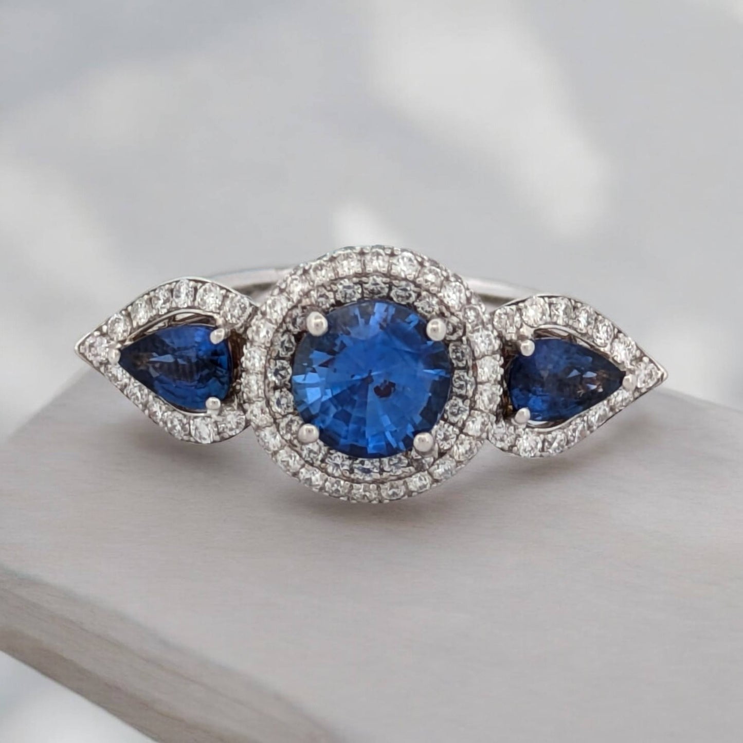 Yolanda | 18k White Gold Ring with Three Natural Sapphires and 0.66 CTW White Diamonds, Elegant Fine Jewelry Gift, Size 6.5