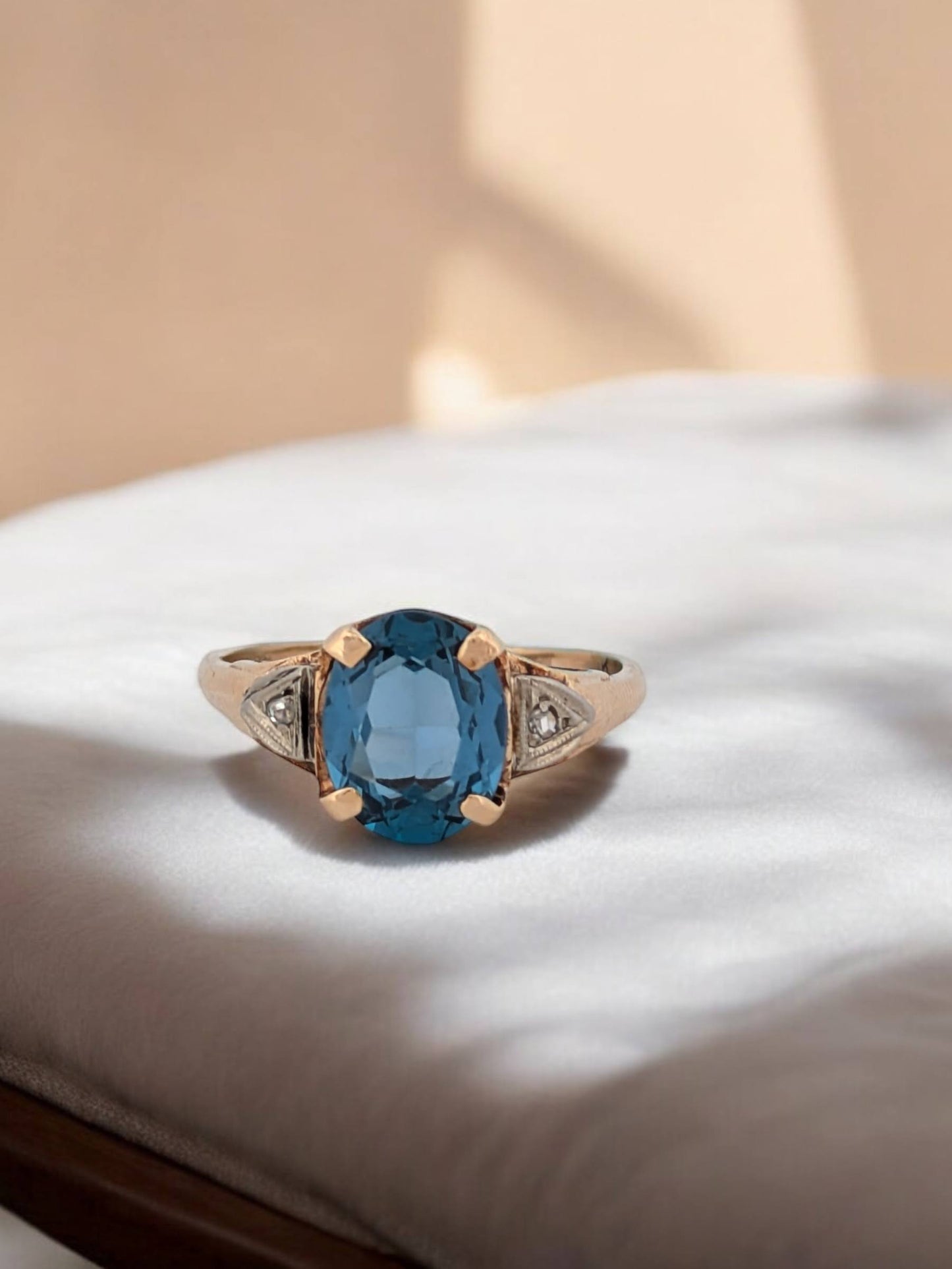 Kelly | Vintage 14k Yellow Gold Ring with 1.5 Carat London Blue Topaz & Diamond Accents | Size 8.5