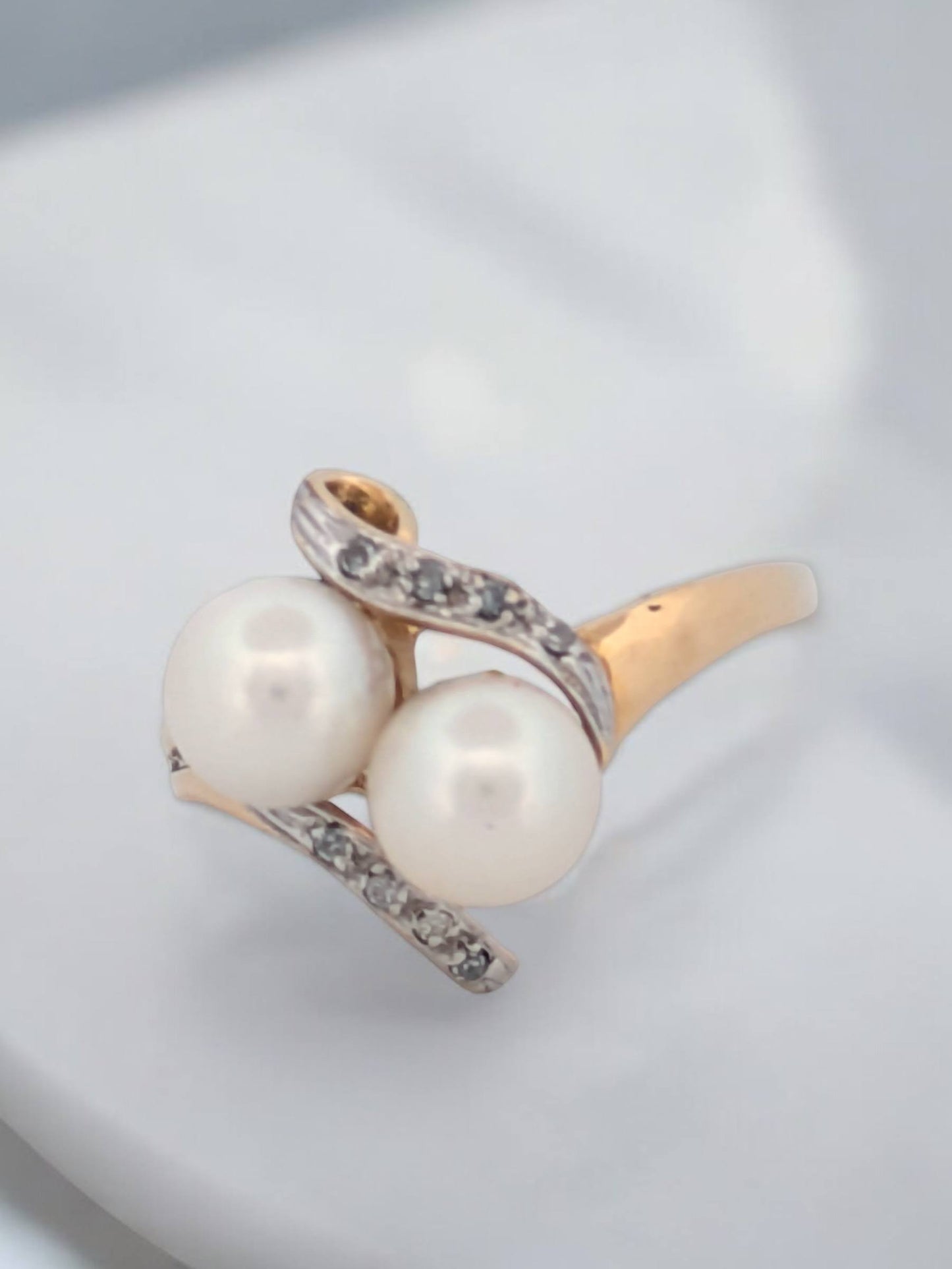 Jillian | 14K Yellow Gold Ring with Double Pearls and Diamond Accents (Size 5)