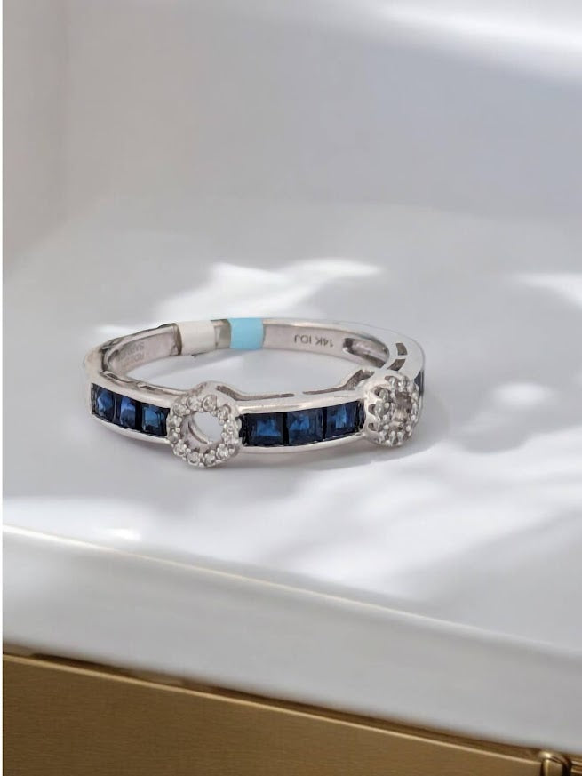 Janet | 14k White Gold Band with Natural Sapphires and Diamond Circle Open-Space Design