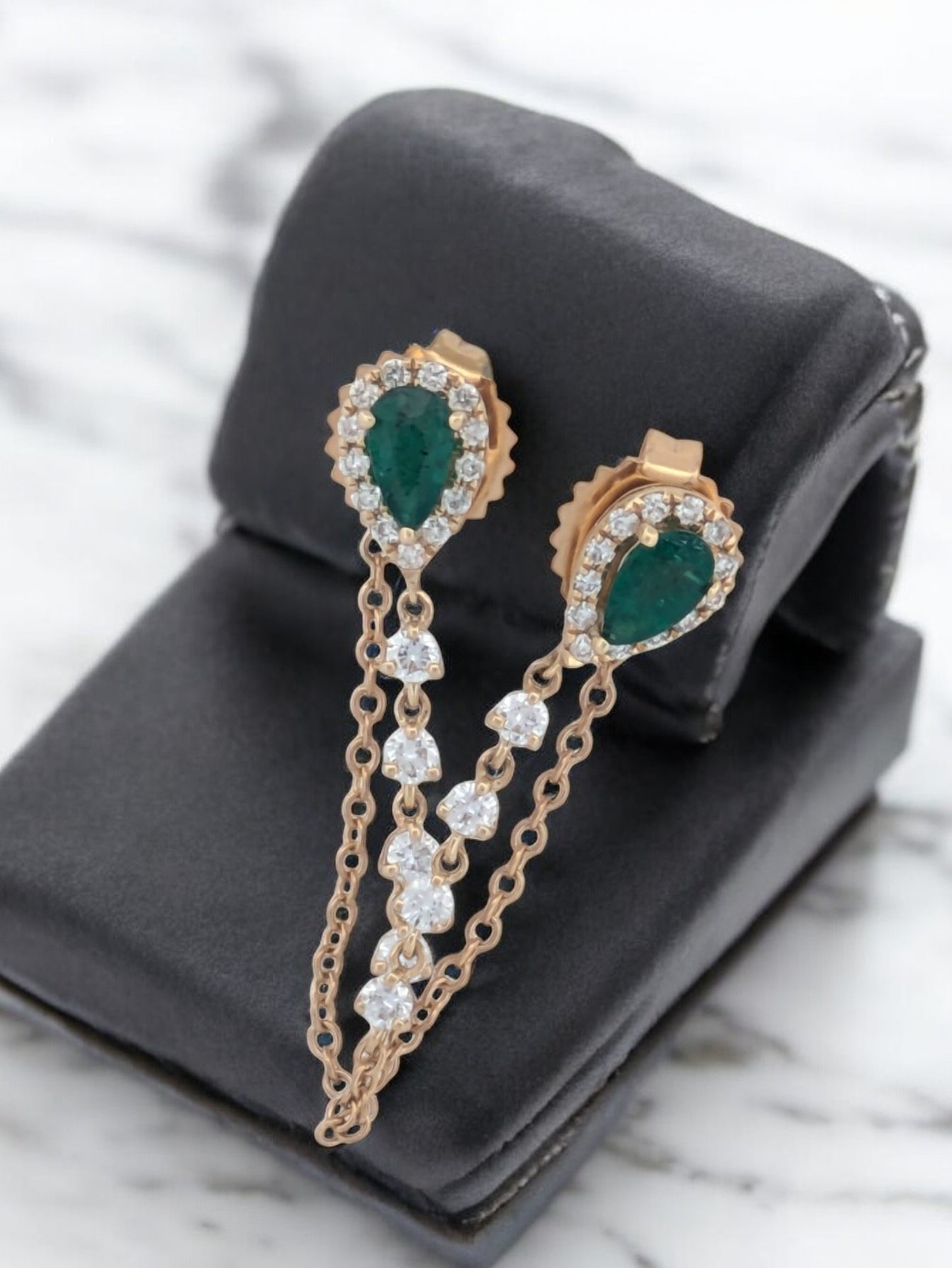 Christina | 14K Yellow Gold Chain-Connected Post Earrings with Natural Emeralds & .33 Carat Diamonds