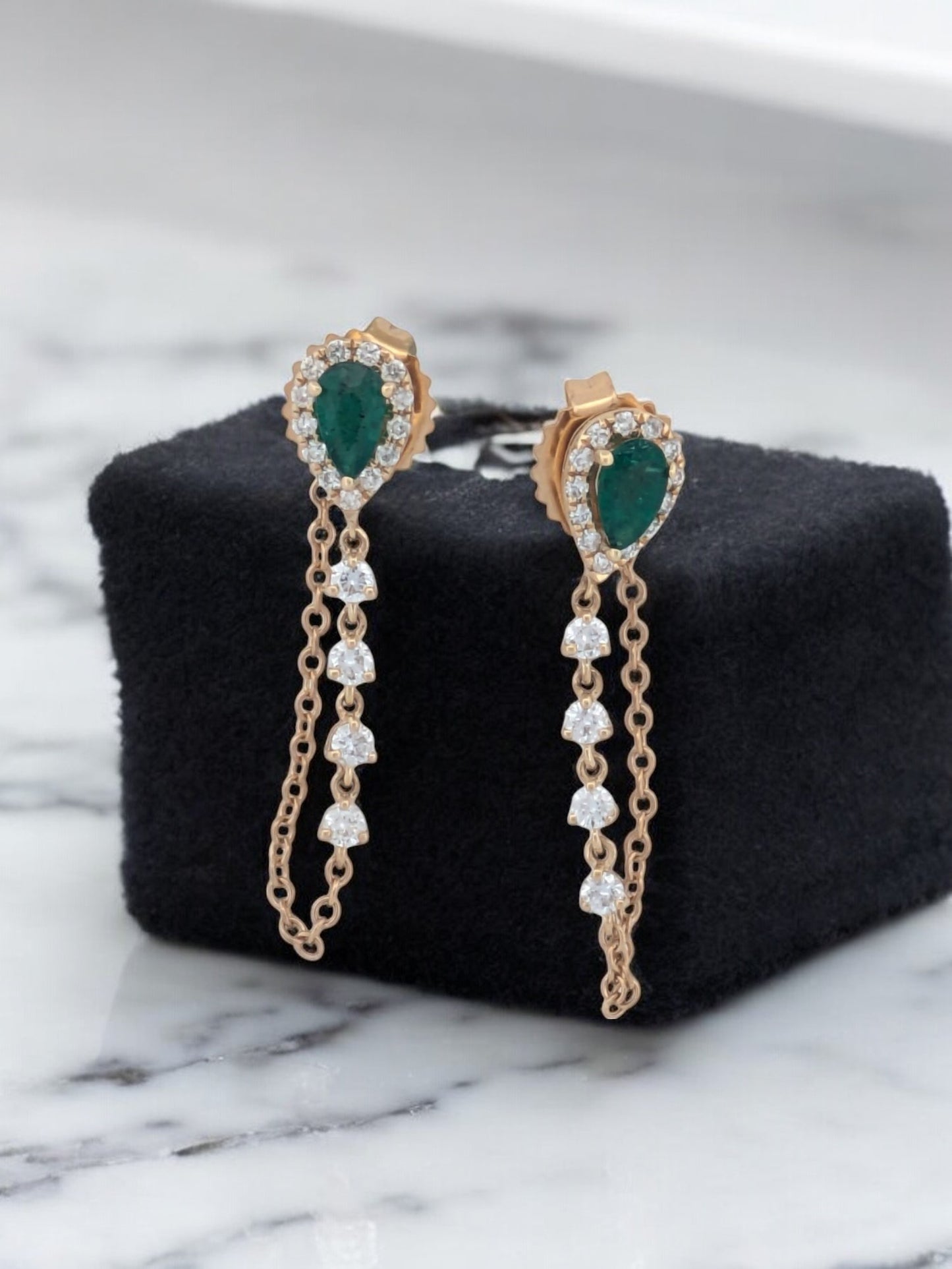 Christina | 14K Yellow Gold Chain-Connected Post Earrings with Natural Emeralds & .33 Carat Diamonds