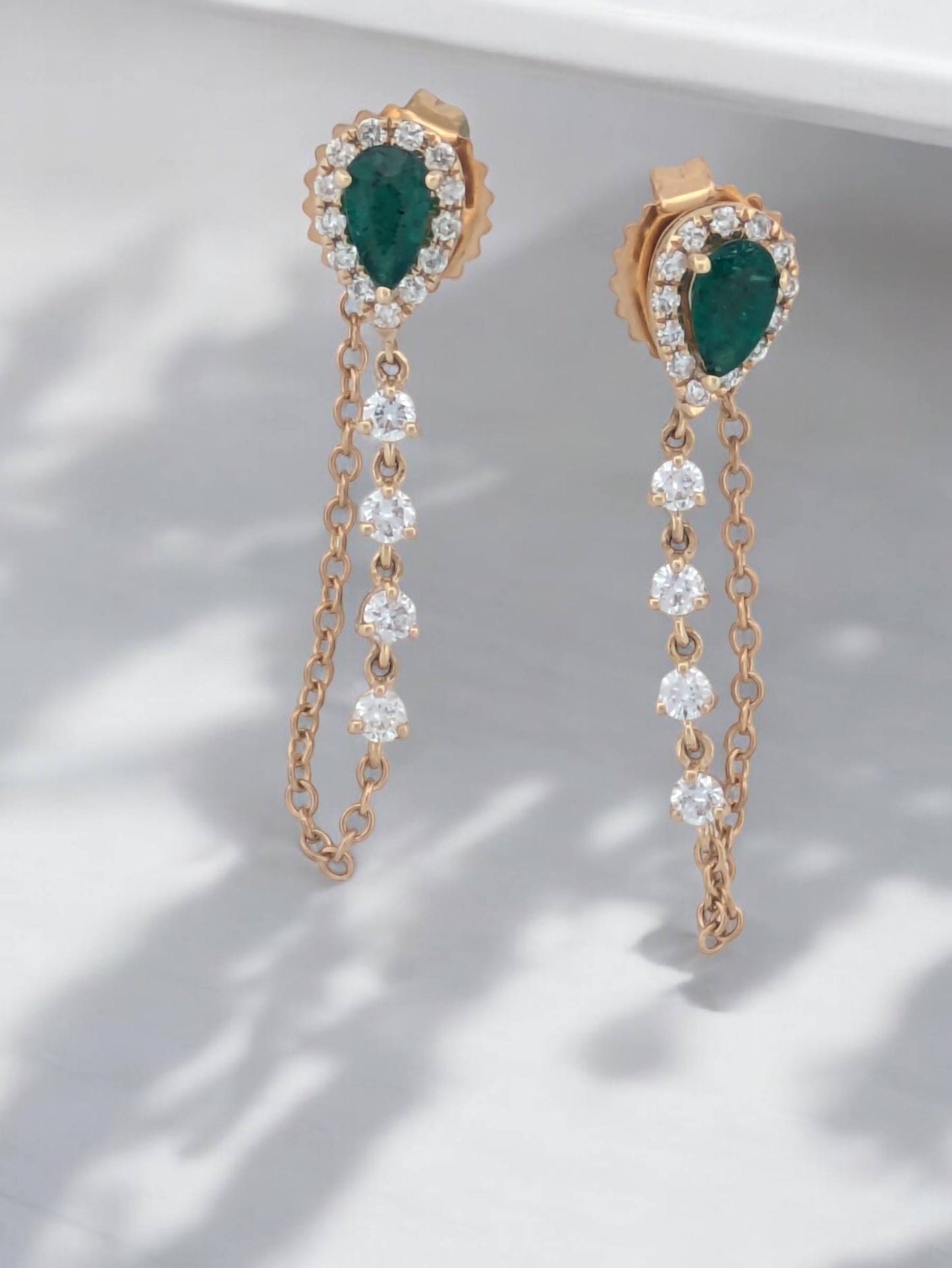 Christina | 14K Yellow Gold Chain-Connected Post Earrings with Natural Emeralds & .33 Carat Diamonds