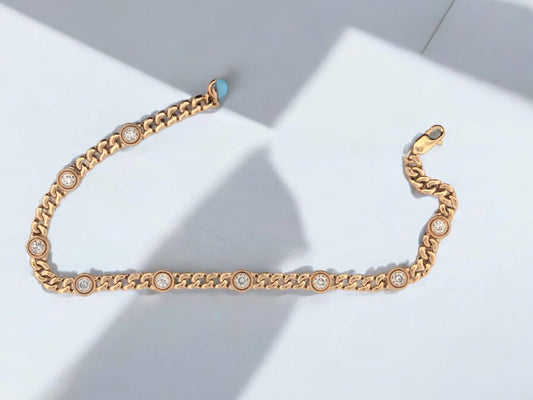 Brooke | 3/4ct Diamond Cuban Link Bracelet | 14k Yellow Gold | Bezel Setting Solitaire Diamond Bracelet| Curb Link Bracelet