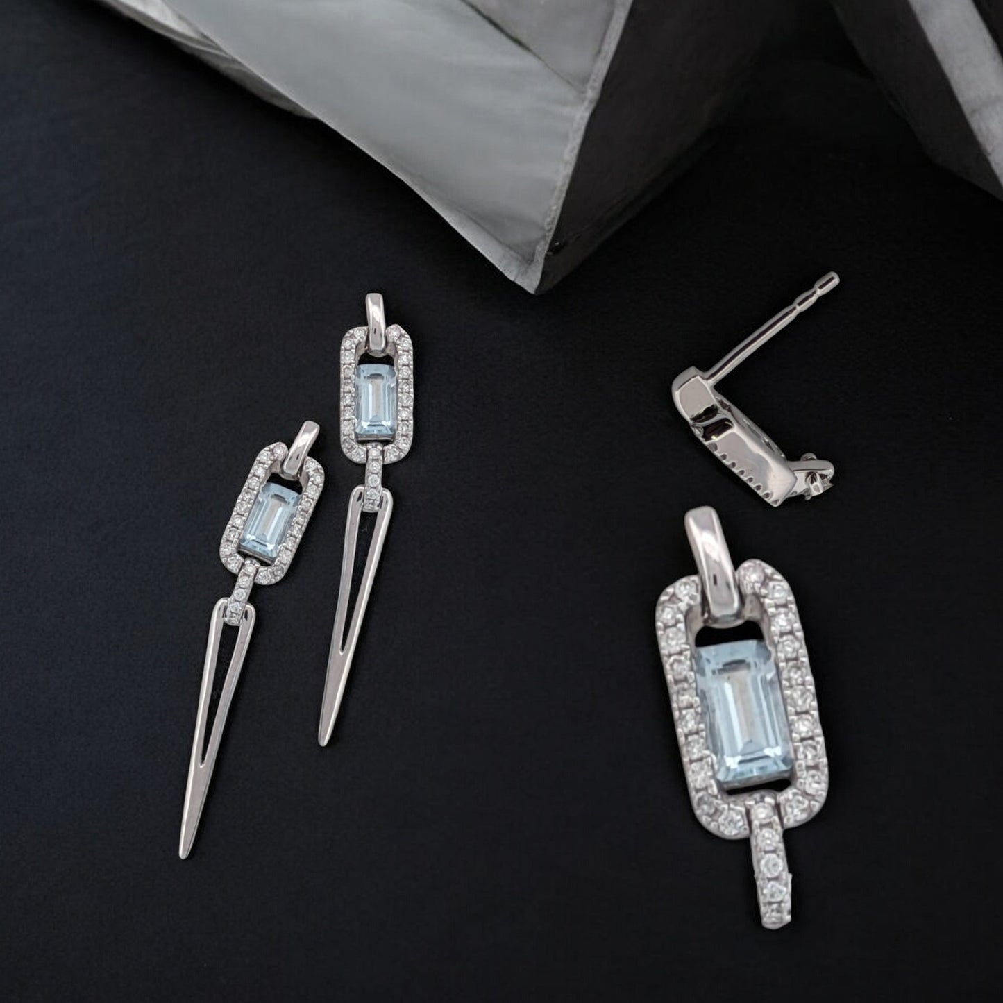 Brenda | 1 Carat Emerald-Cut Aquamarine & Diamond Earrings | 14k White Gold Earrings, Gift for Her