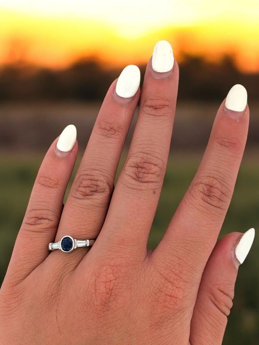 Whitney | Custom 14k White Gold Ring with Bezel-Set Sapphire and Natural Diamond Baguettes, Unique Fine Jewelry Gift, Elegant Design