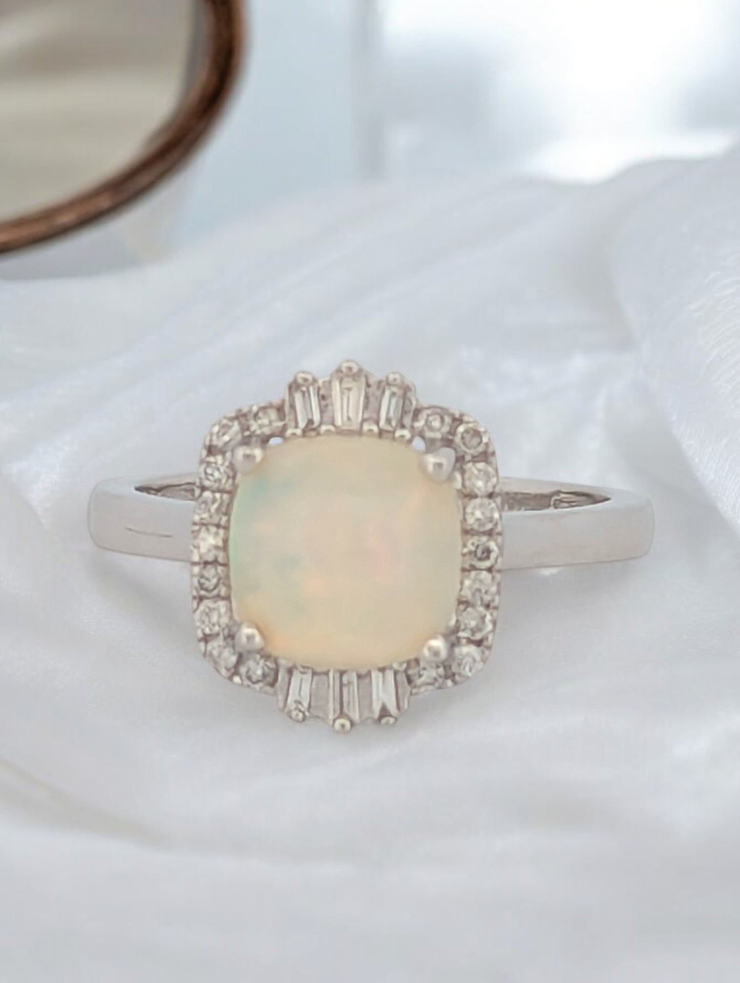 Nicole | Elegant 14K White Gold Opal and Diamond Ring | 0.4 Carat Natural Ethiopian Opal | 0.21 Carats Diamonds Half Eternity Band for Women