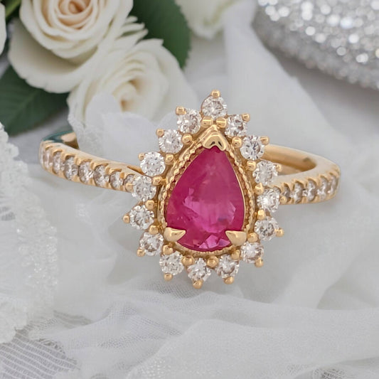 14k Yellow Gold Ring with 0.75 Carat Pear Cut Ruby & 0.50 Carats Natural White Diamonds - Elegant Fine Jewelry Gift for Her