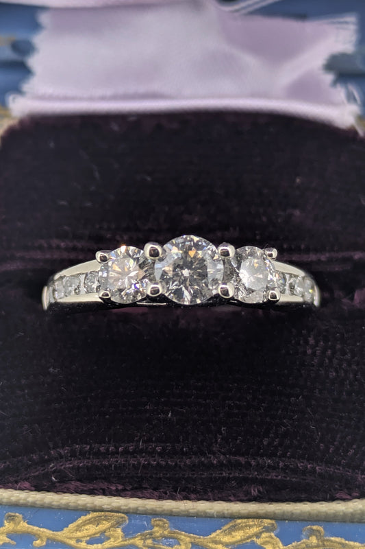 10K White Gold Three-Stone Natural Diamond Ring | Size 5.25