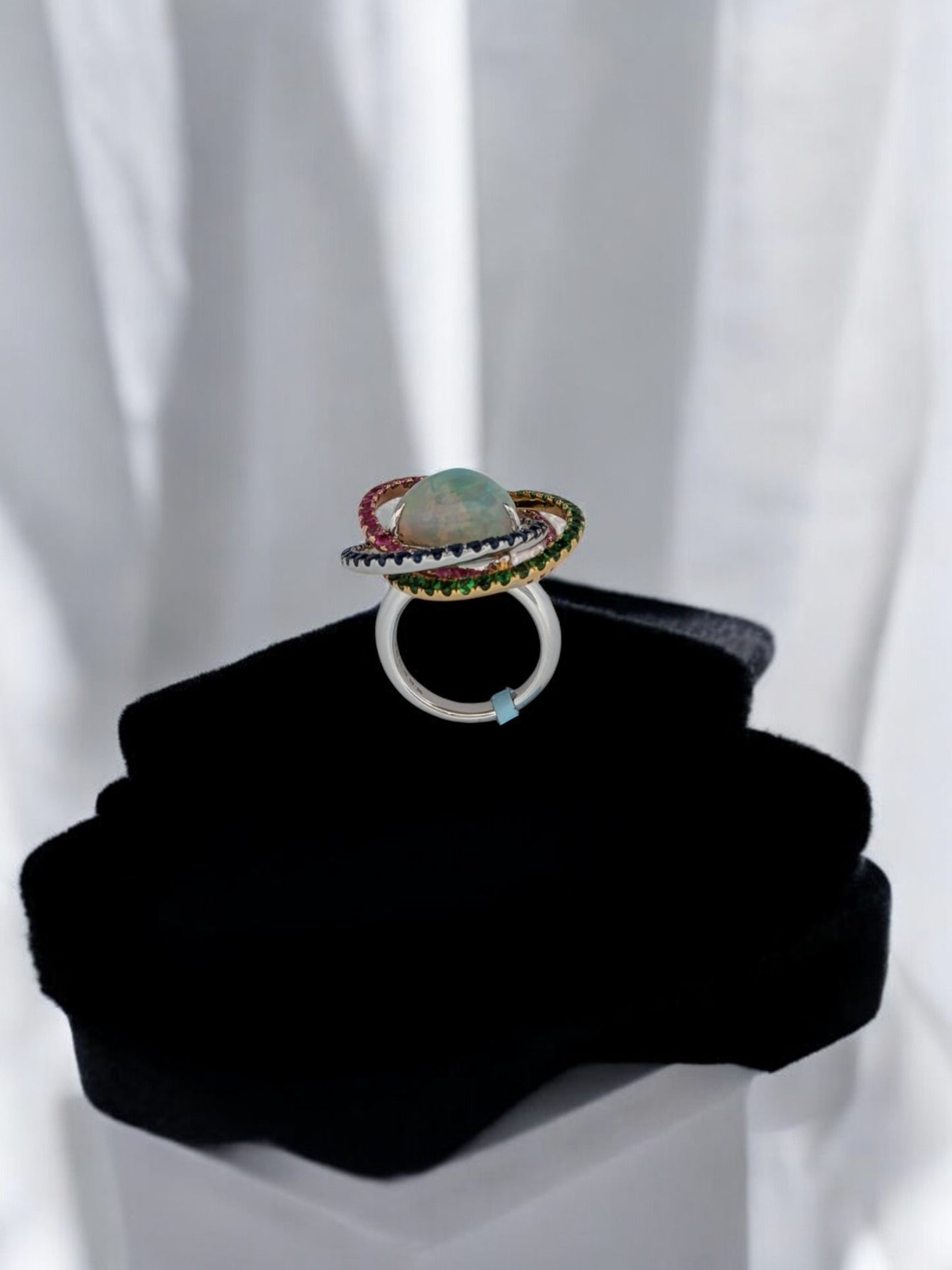 Willow | 18k White Gold Ring with 3.41 Carat Australian Opal, Surrounded by Ruby, Sapphire, and Emerald Halos, Unique Gemstone Ring, Size 6.5