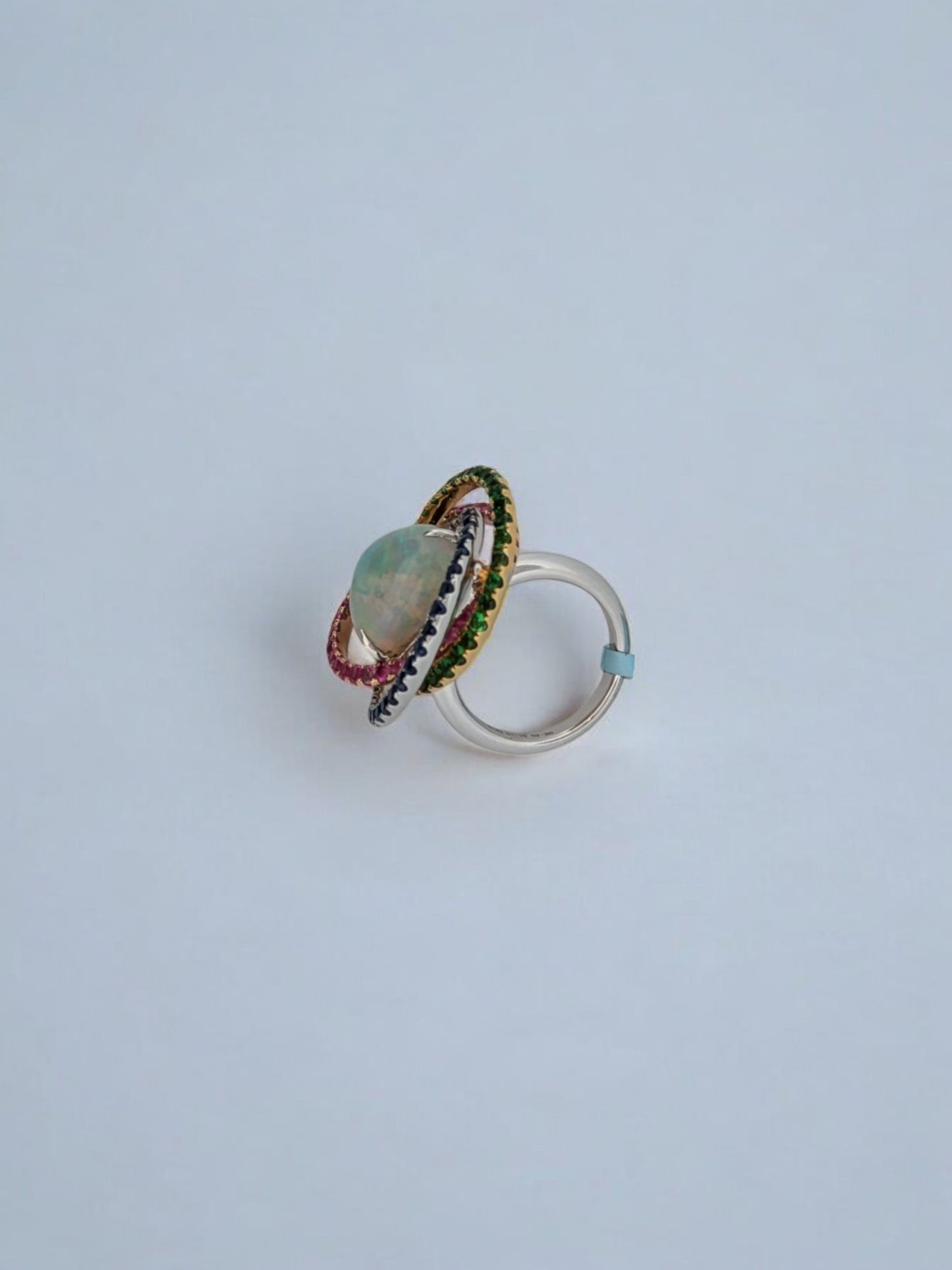 Willow | 18k White Gold Ring with 3.41 Carat Australian Opal, Surrounded by Ruby, Sapphire, and Emerald Halos, Unique Gemstone Ring, Size 6.5