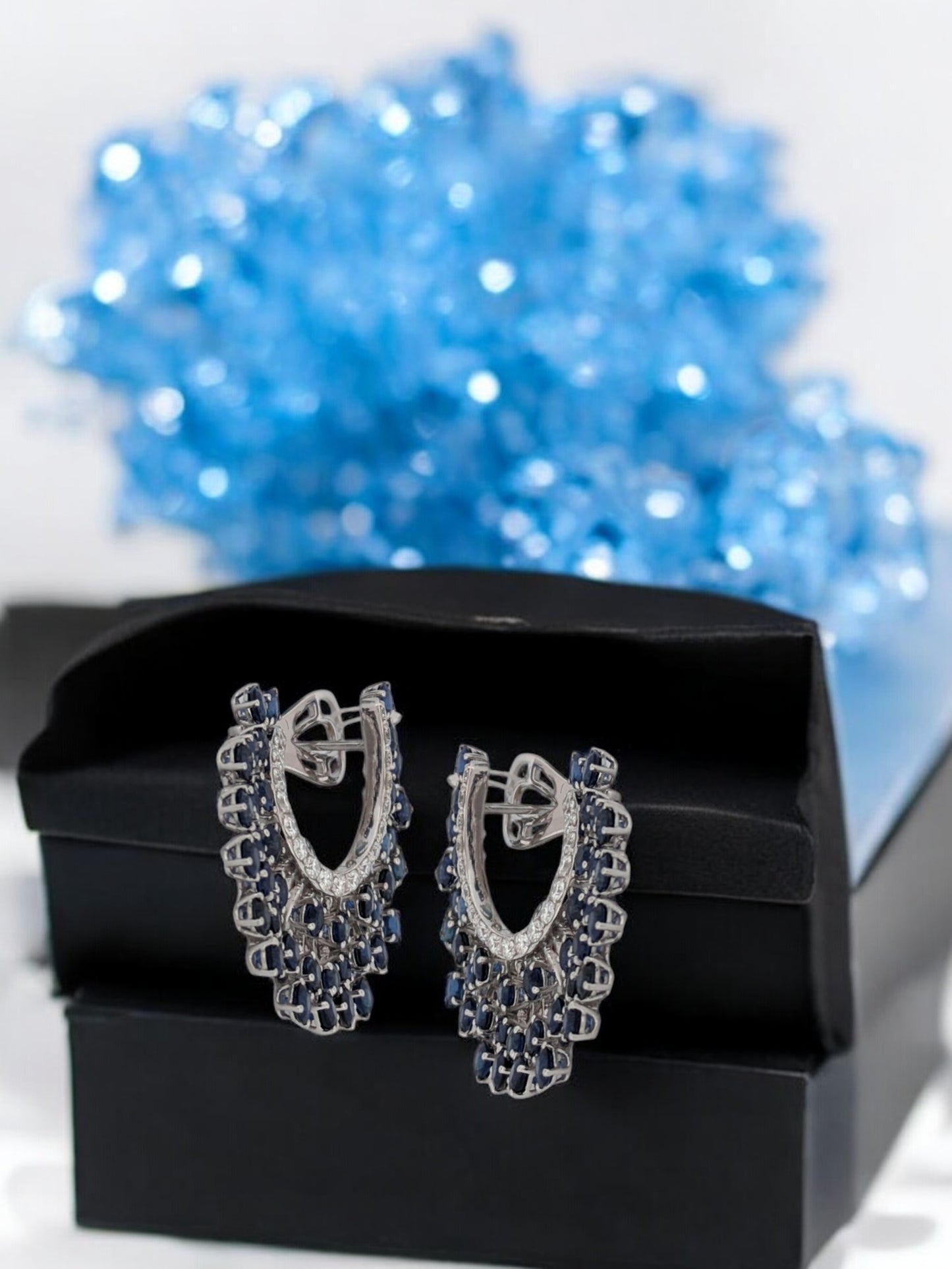 Faith | 18k White Gold Earrings with 10.12 Carat Blue Sapphires and 1 Carat Diamonds, Peacock-Inspired Luxury Earrings, Elegant Statement Jewelry