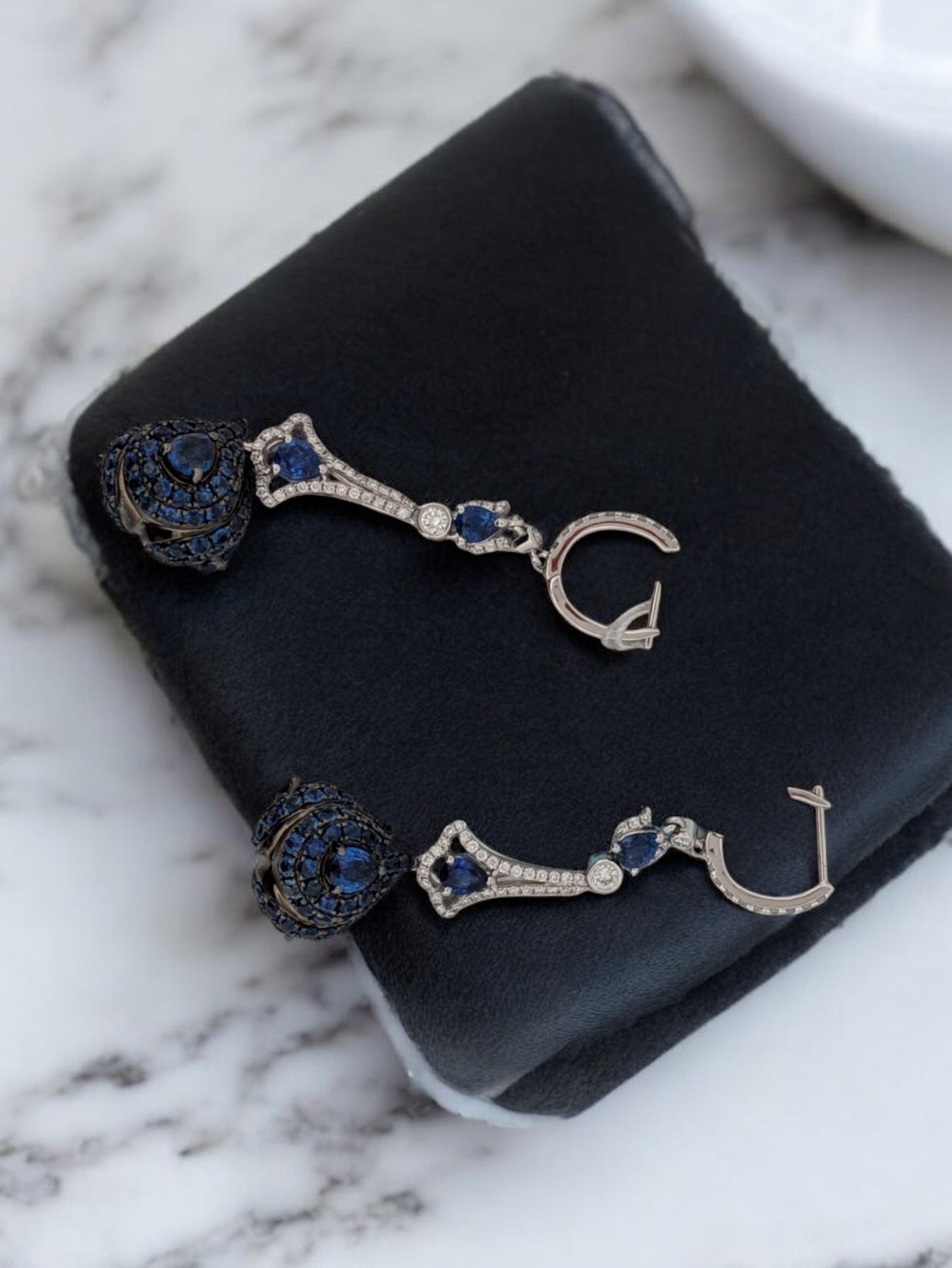 Lydia | 18k White Gold Sapphires Dangle Earrings| .73 ctw Diamond Blue Sapphire Earrings| Natural Sapphire 1.5