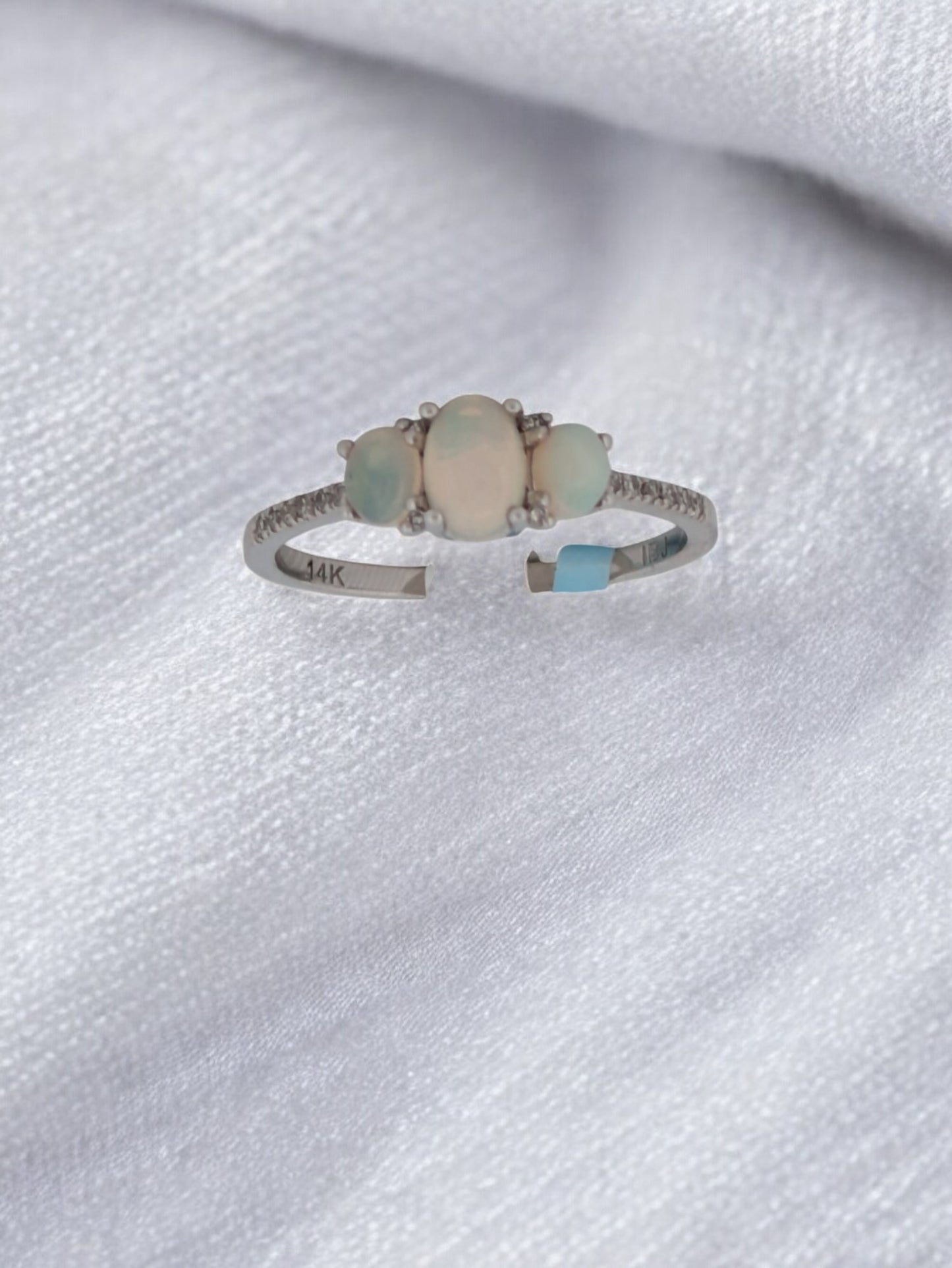 Jennifer | 14K White Gold Ring with Trio of Natural Australian Opals Surrounded by Natural Diamonds (Size 7)