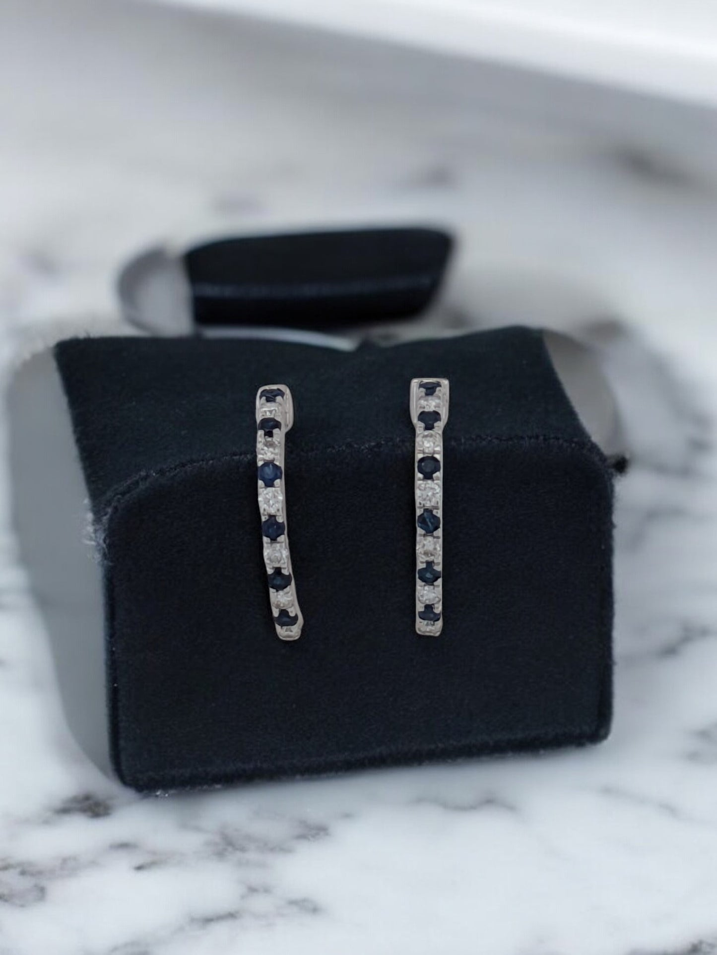 Julia | 14k White Gold Hoop Earrings with .15 Ct Natural Sapphires & .12 Ct Natural Diamonds - Stunning Gemstone Gift Jewelry