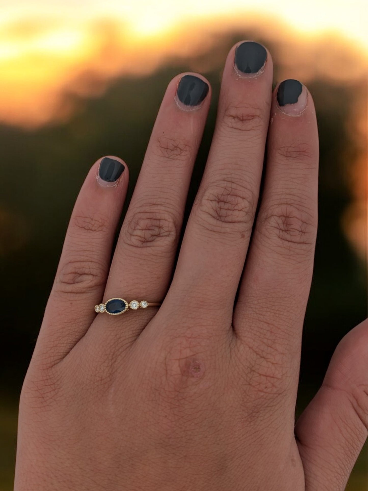 Nora | 14k White Gold Ring with .65 Carat Natural Blue Sapphire in East/West Setting | Bezel Set Diamond Accents | Unique Sapphire Ring Gift